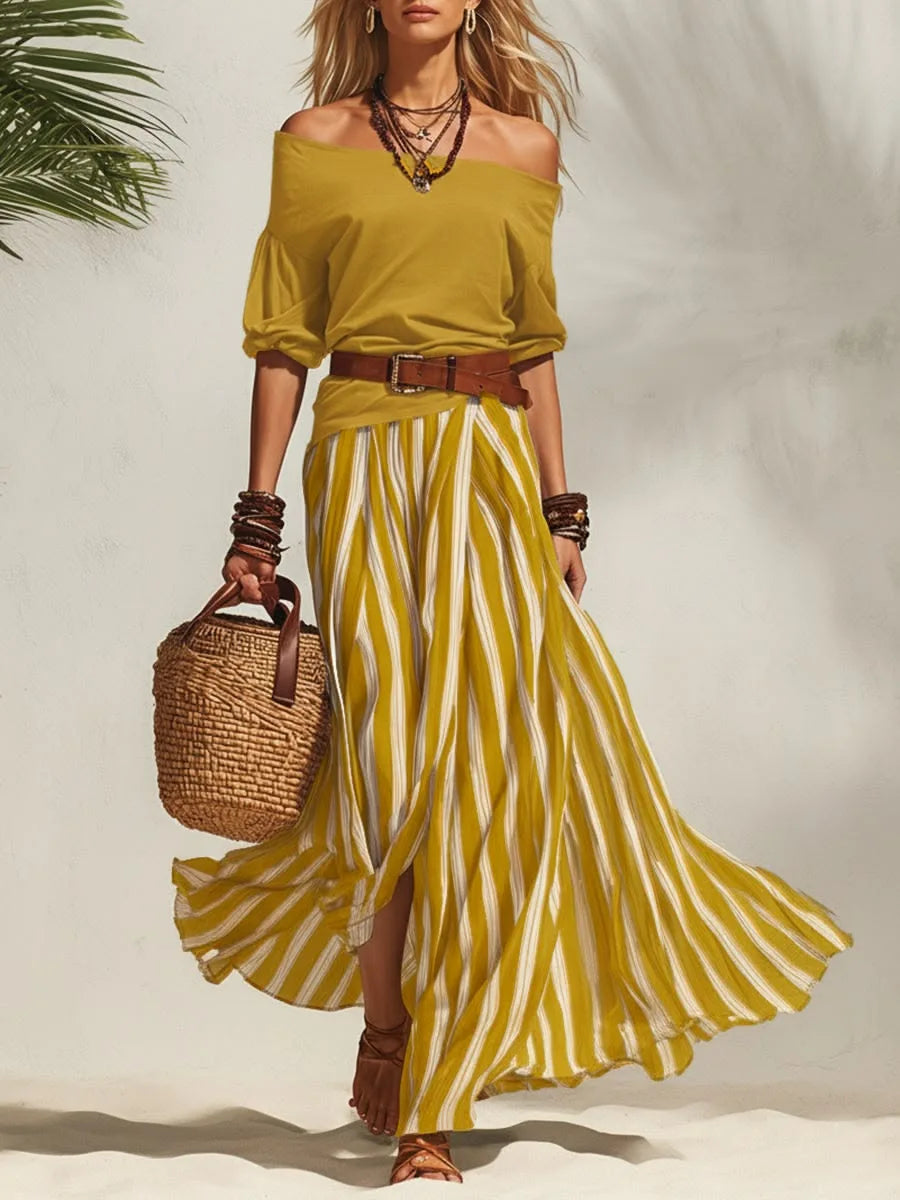 Off-Shoulder Puff-Sleeve Top & Maxi Skirt Set