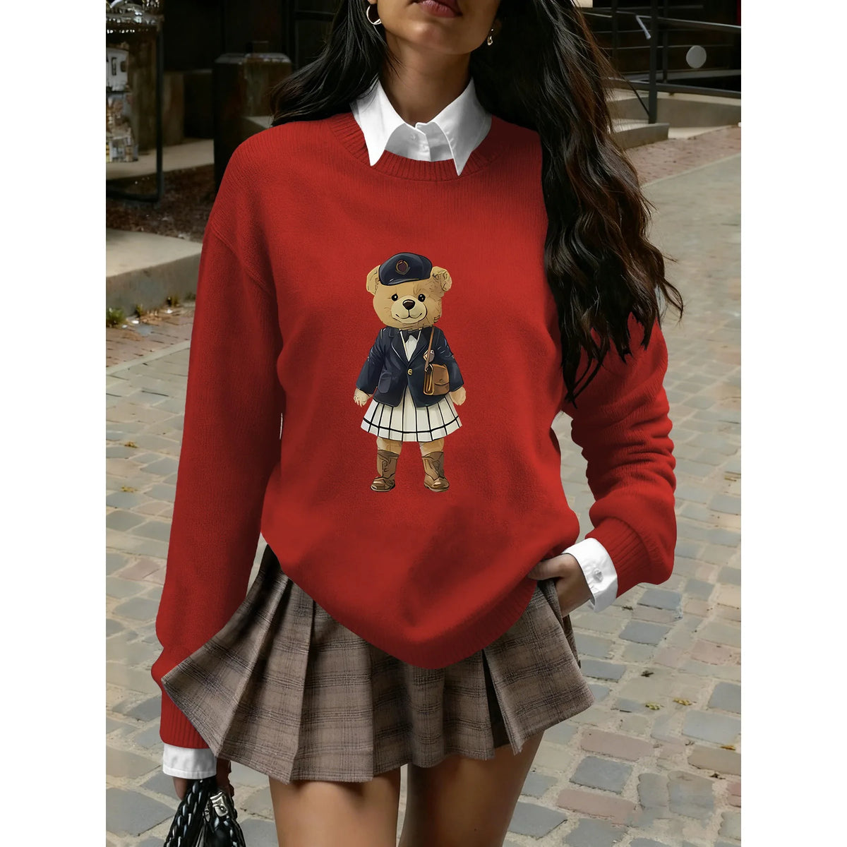 Women's Preppy Teddy Bear Print Sweater, Crew Neck Knit Pullover for Fall Winter (Only the Top Is Sold Separately) Dsers