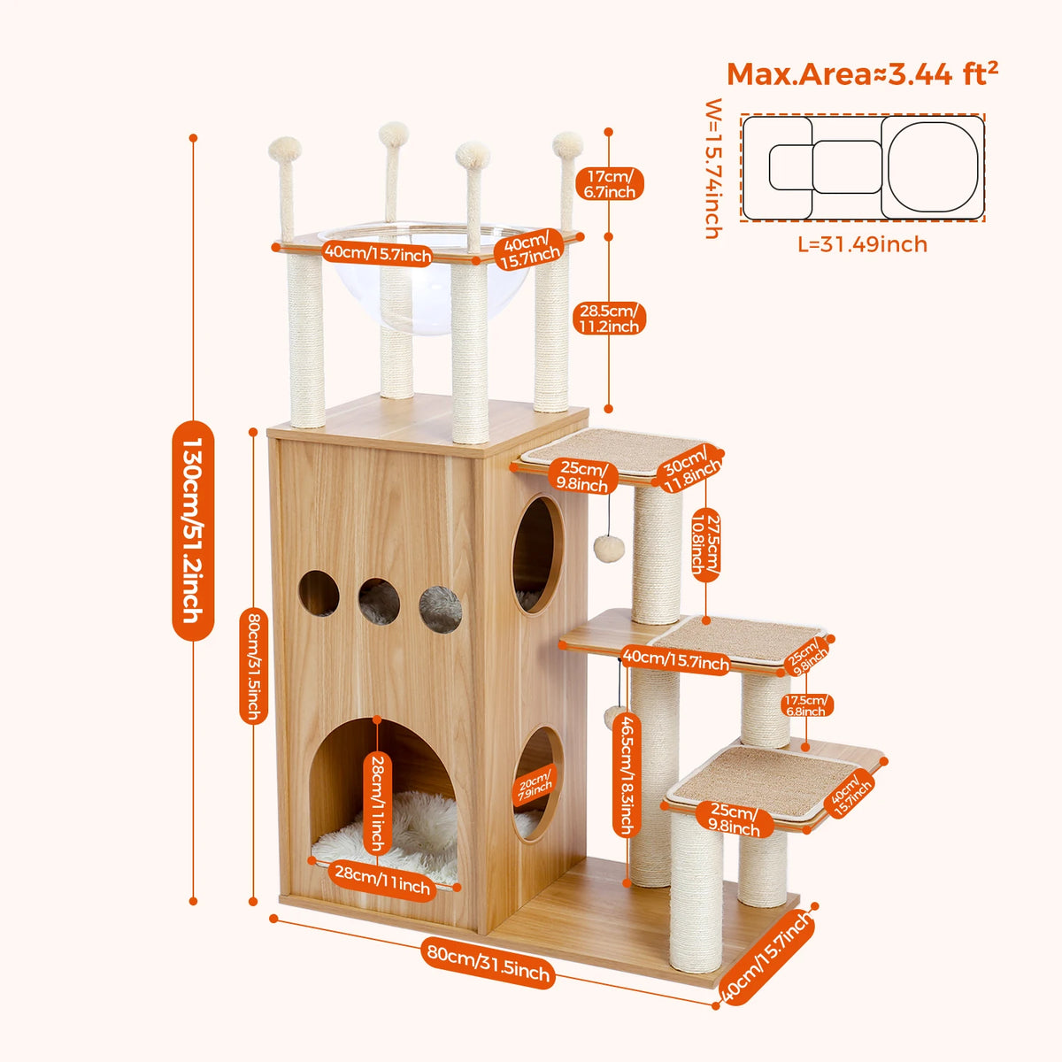 Multi-Level Wooden Cat Tree with Condo & Hammock