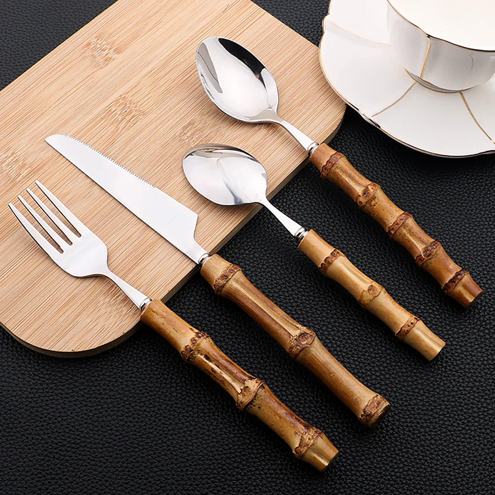 JANKNG Bamboo-Handle Flatware — 24 Pieces
