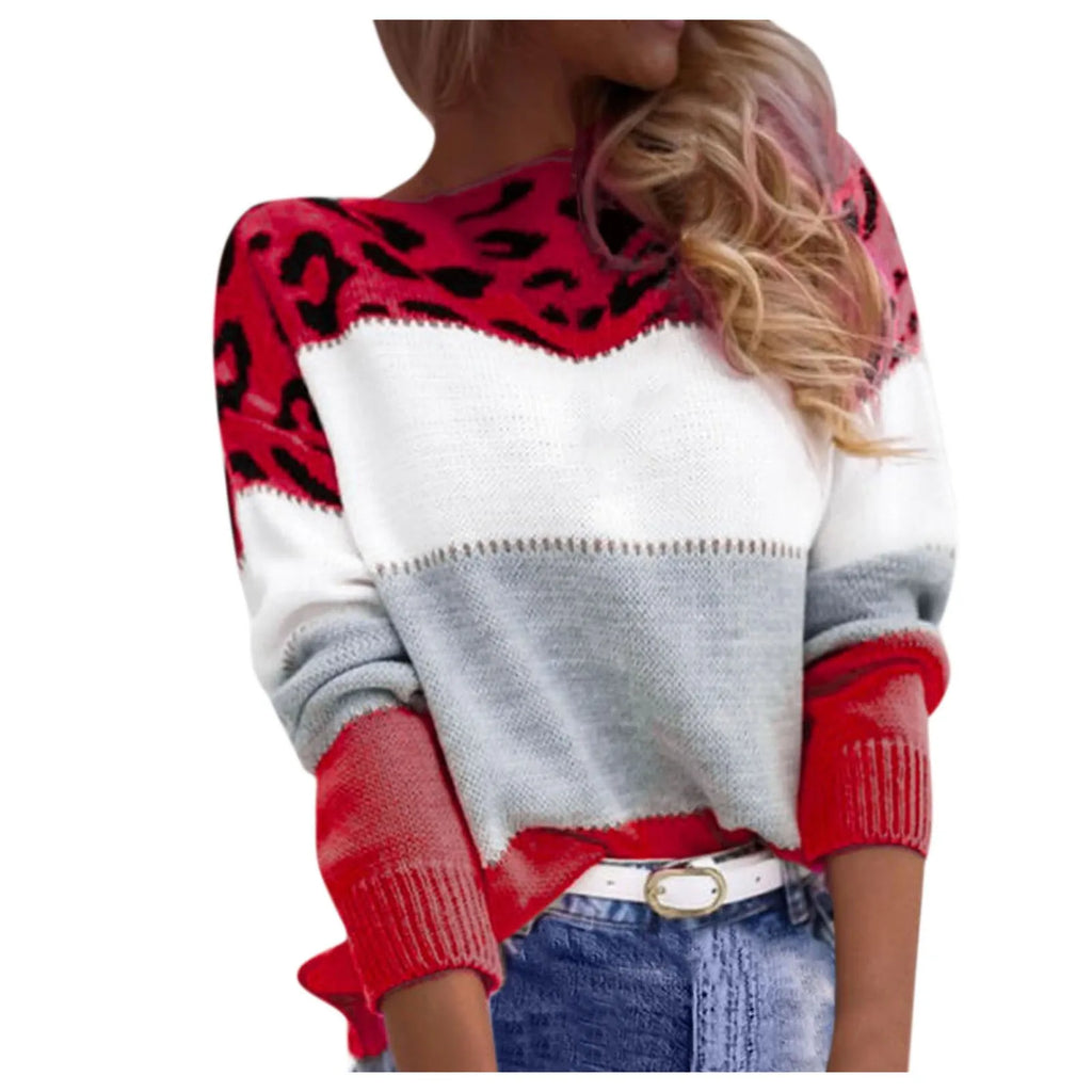 Women Sweaters Contrast Leopard Color Pullovers Loose Autumn Winter Long Sleeve Sweater Jumper Pull Femme Knitwear Oversized Dsers