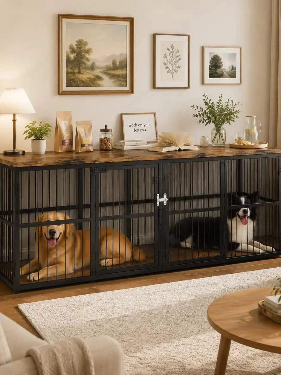 87 Inch Extra Large Double Dog Crate Furniture with Divider 3 Doors Heavy Duty Wooden Indoor Dog Kennel Cabinet TV Stand for 2 Dogs Lockable Pet House with Storage Table Whispering Desires Shoppe