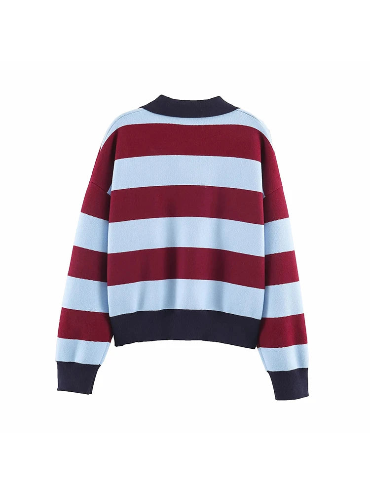Striped Polo-Collar Long-Sleeve Sweater