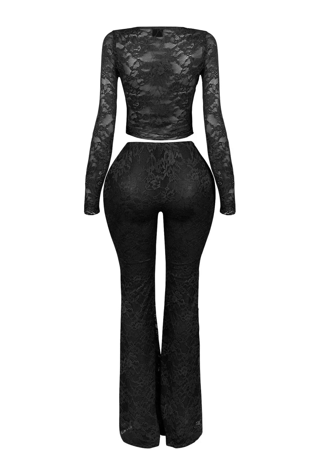 Sheer Lace Long-Sleeve Top & Flared Pants Set