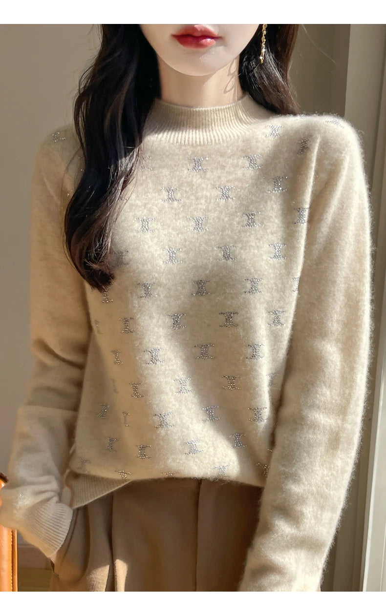 Women Fine Wool Thickening Sweater Half-high Collar Leaf studded With Diamonds Pullover Female Knitted Basis Tops Autumn Winter Dsers