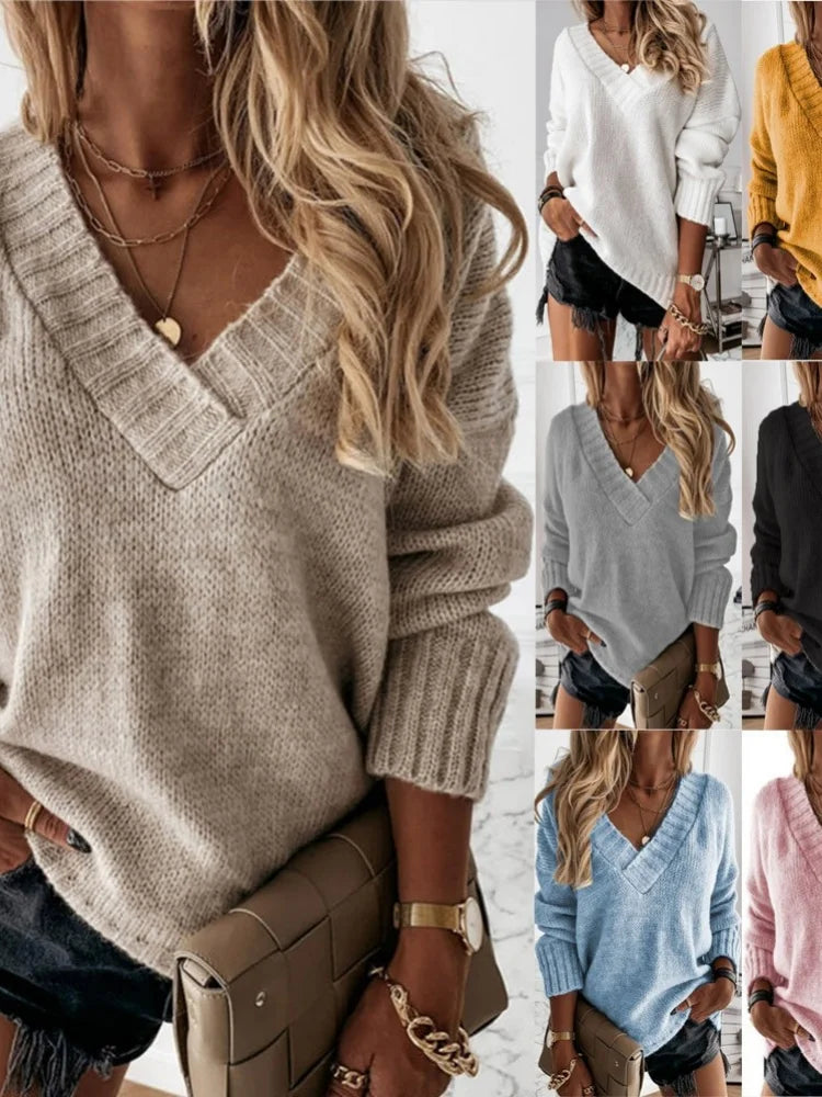 Fashionable Casual Women's Autumn and Winter New Solid Color Sweater Women's Foreign Trade V-Neck Long Sleeve Pullover Knit Top Dsers