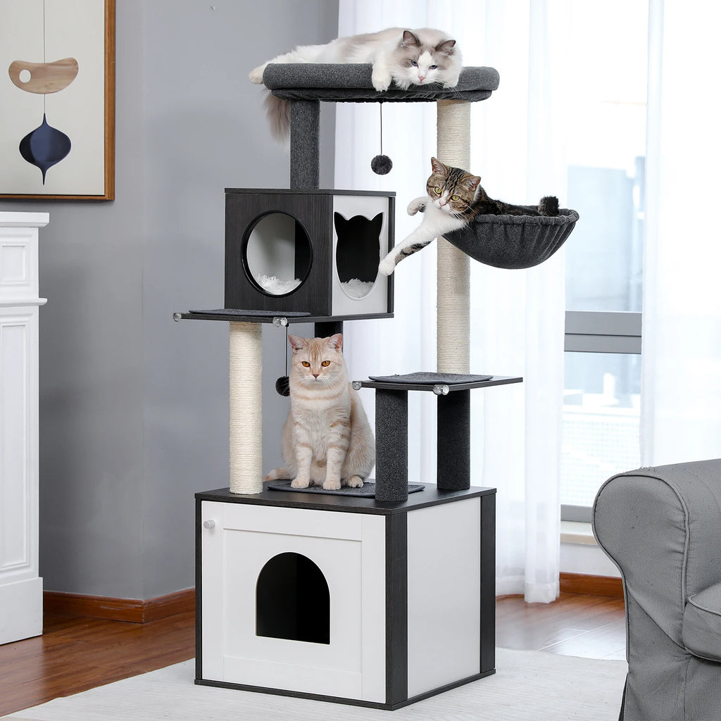 Multi-Level Wooden Cat Tree with Condo & Hammock