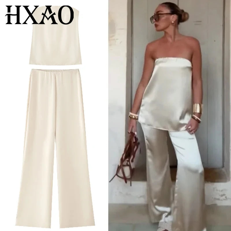 Women's Satin Tube Top and Wide-Leg Pants — Separates