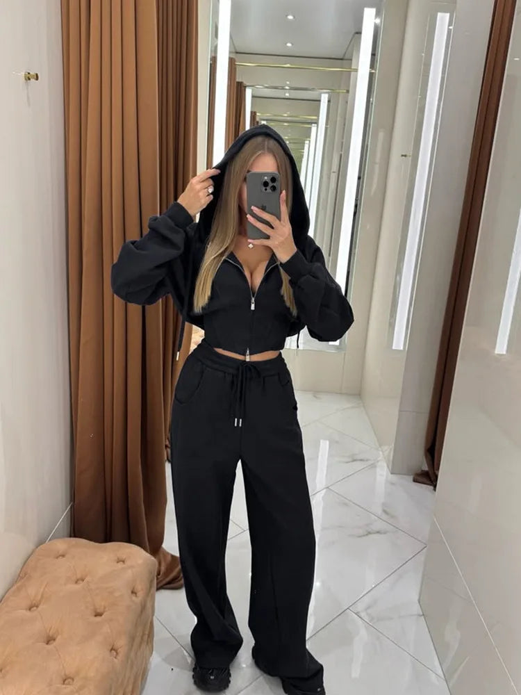 Women's Zip-Up Hooded Jacket and Wide-Leg Pants Set