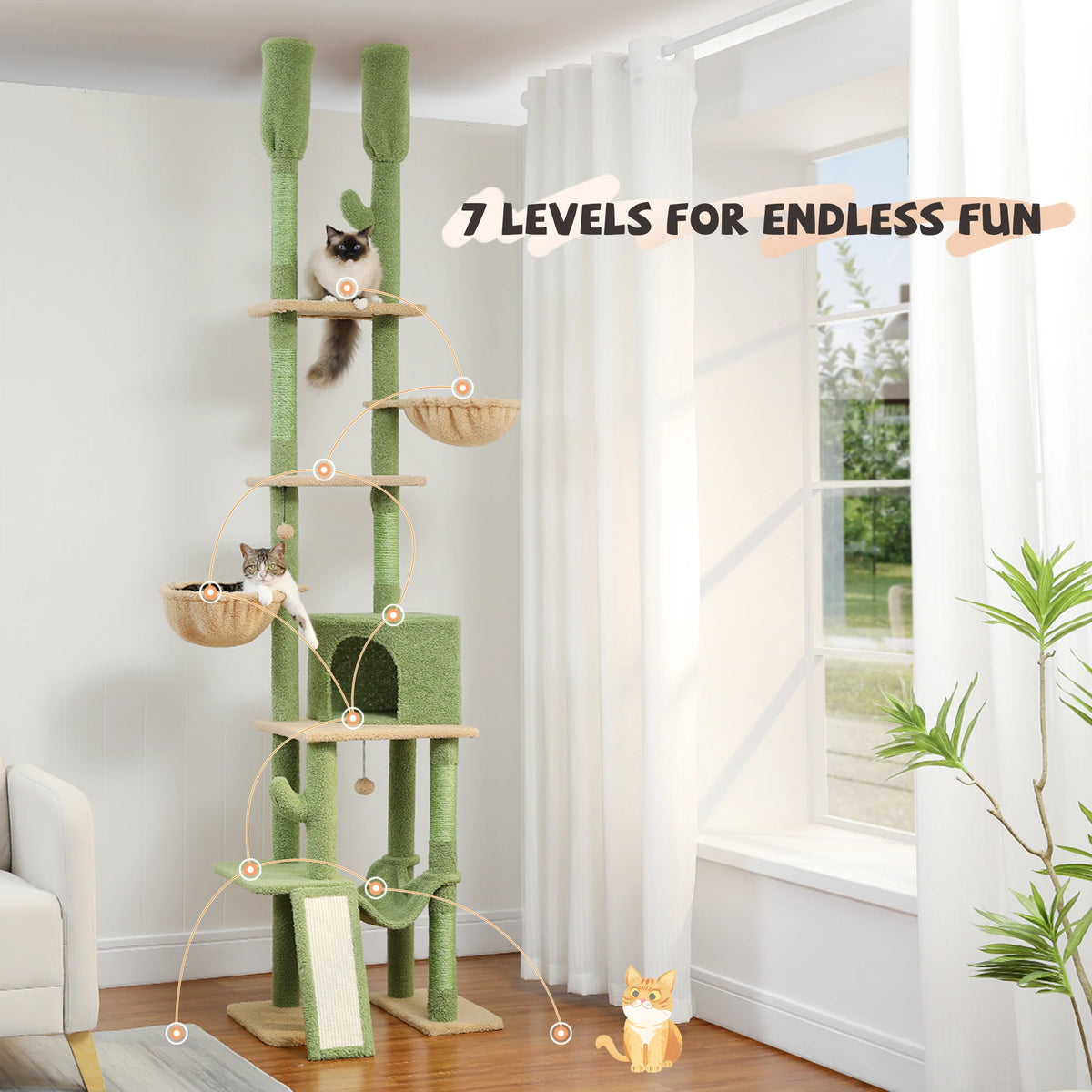 Cactus Cat Tree Floor to Ceiling Cat Tower with Sisal Scratching Post,Comfortable Hammock for Multi-Cat Homes,Cat Accessories Whispering Desires Shoppe
