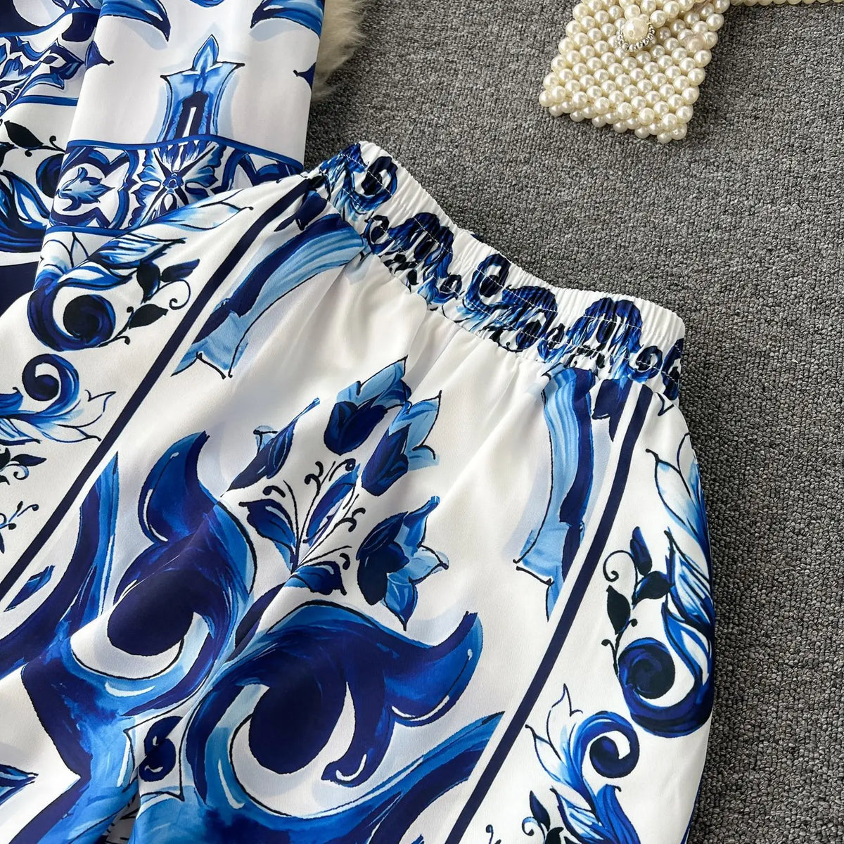 Printed Collar Top & Wide-Leg Pants Set