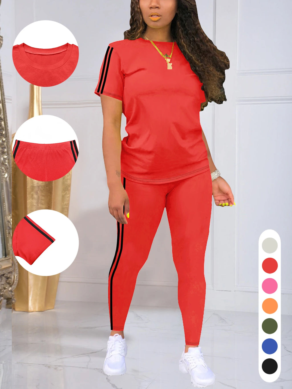 Side-Stripe Short-Sleeve Top & Pants Set
