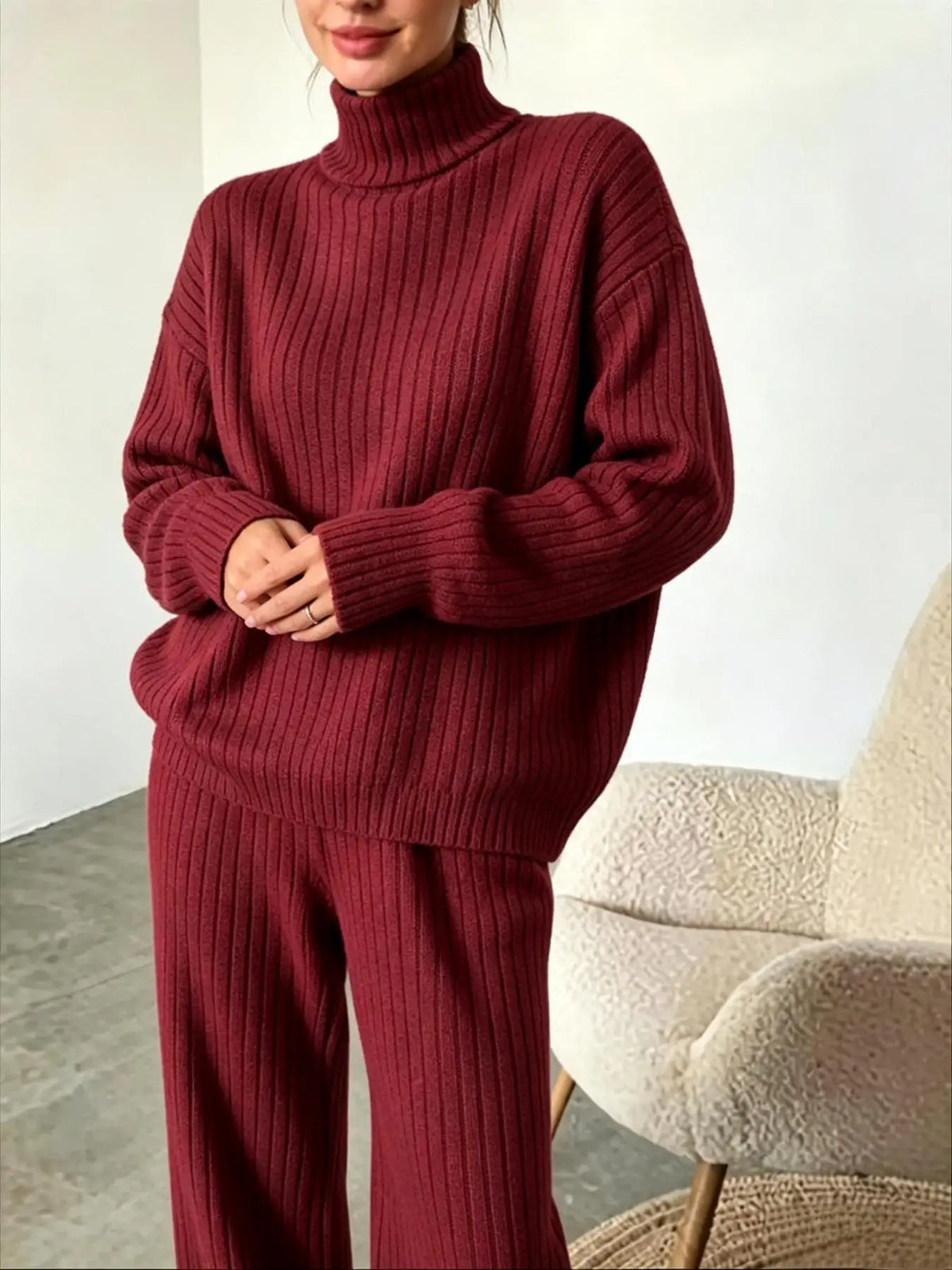 Women's Turtleneck Top and Wide-Leg Pants Set