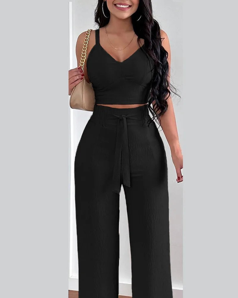 Women's Printed V-Neck Halter Top and Wide-Leg Pants Set