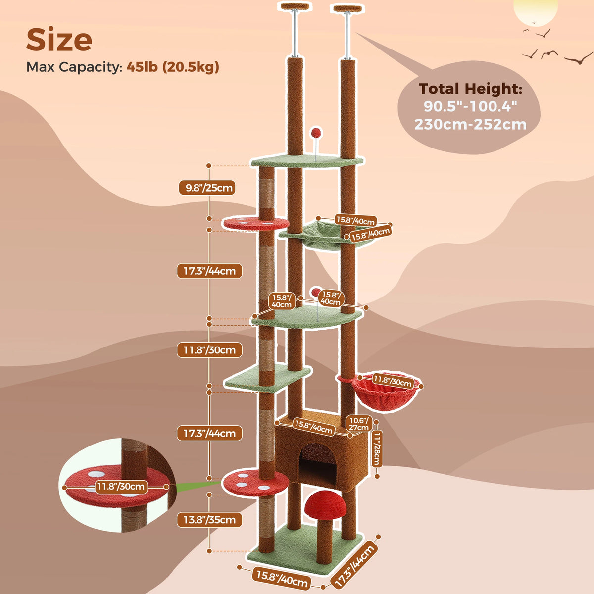 Brown Adjustable Floor-to-Ceiling Cat Tree