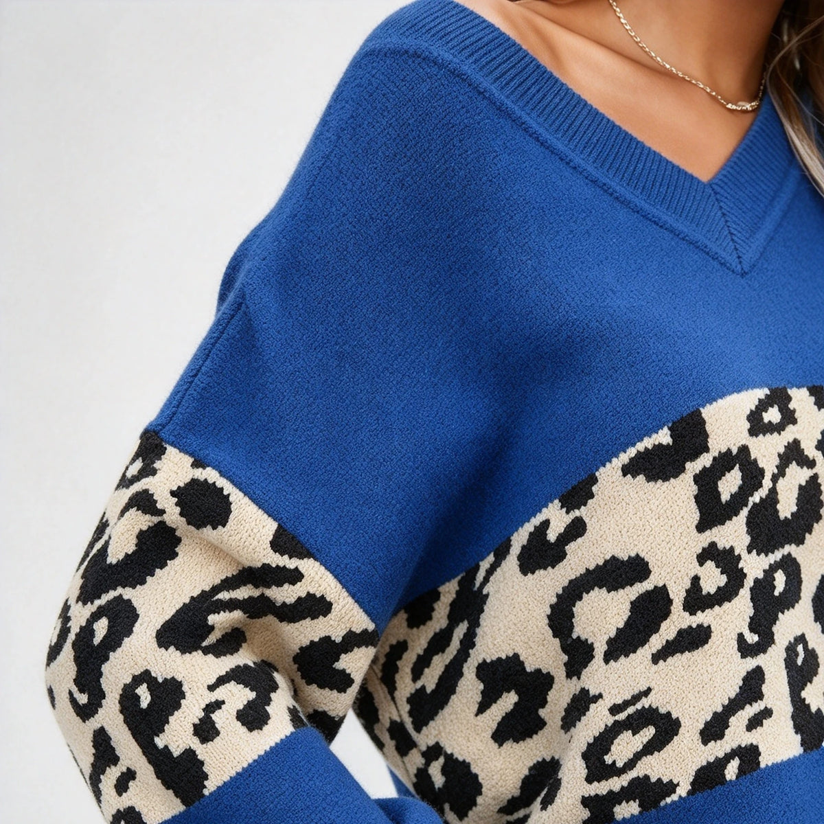 Leopard Colorblock V-Neck Oversized Sweater
