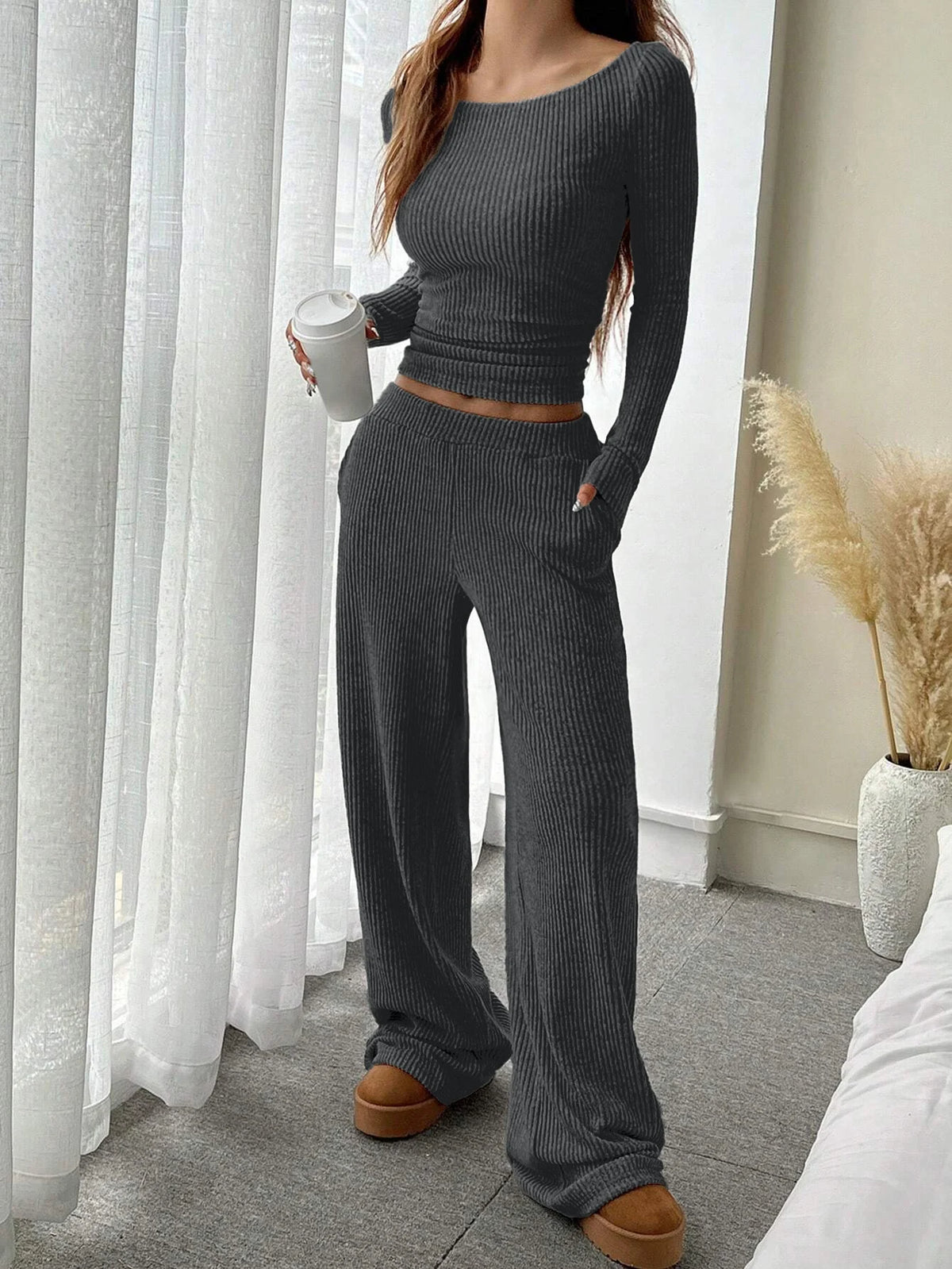 Women's Ribbed Crewneck Top and Wide-Leg Pants Set