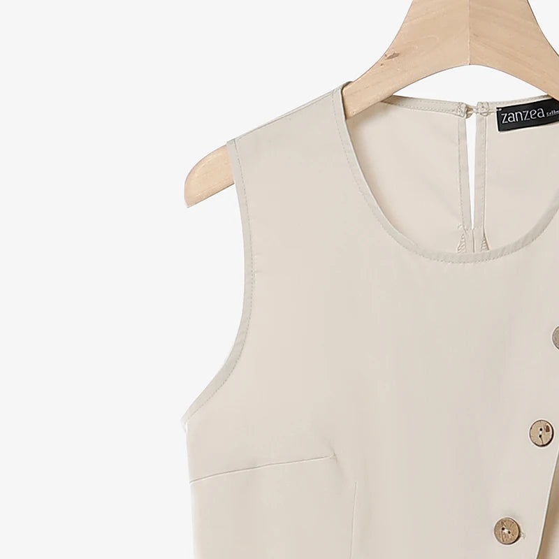 ZANZEA Sleeveless Button Blouse & Pants Set