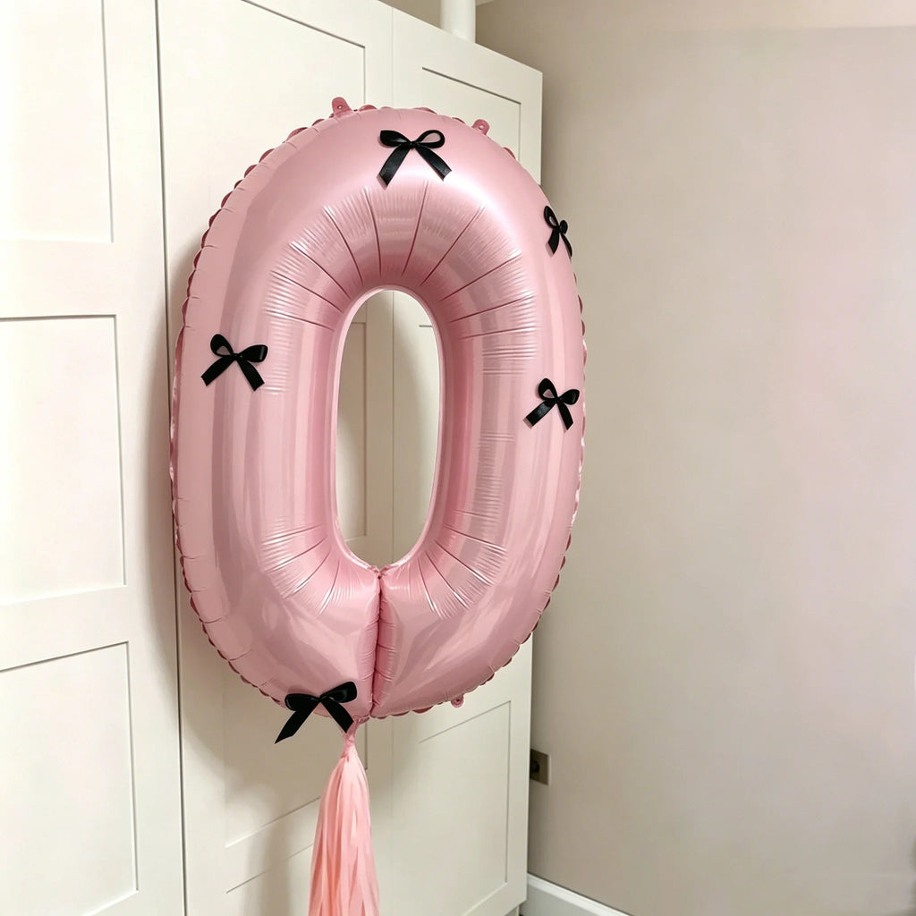 Pink Number Balloon Set with Black Bow, Seven Pieces