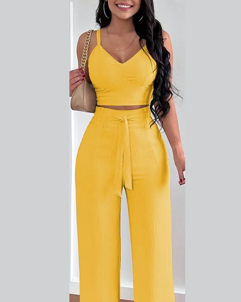 Women's Printed V-Neck Halter Top and Wide-Leg Pants Set