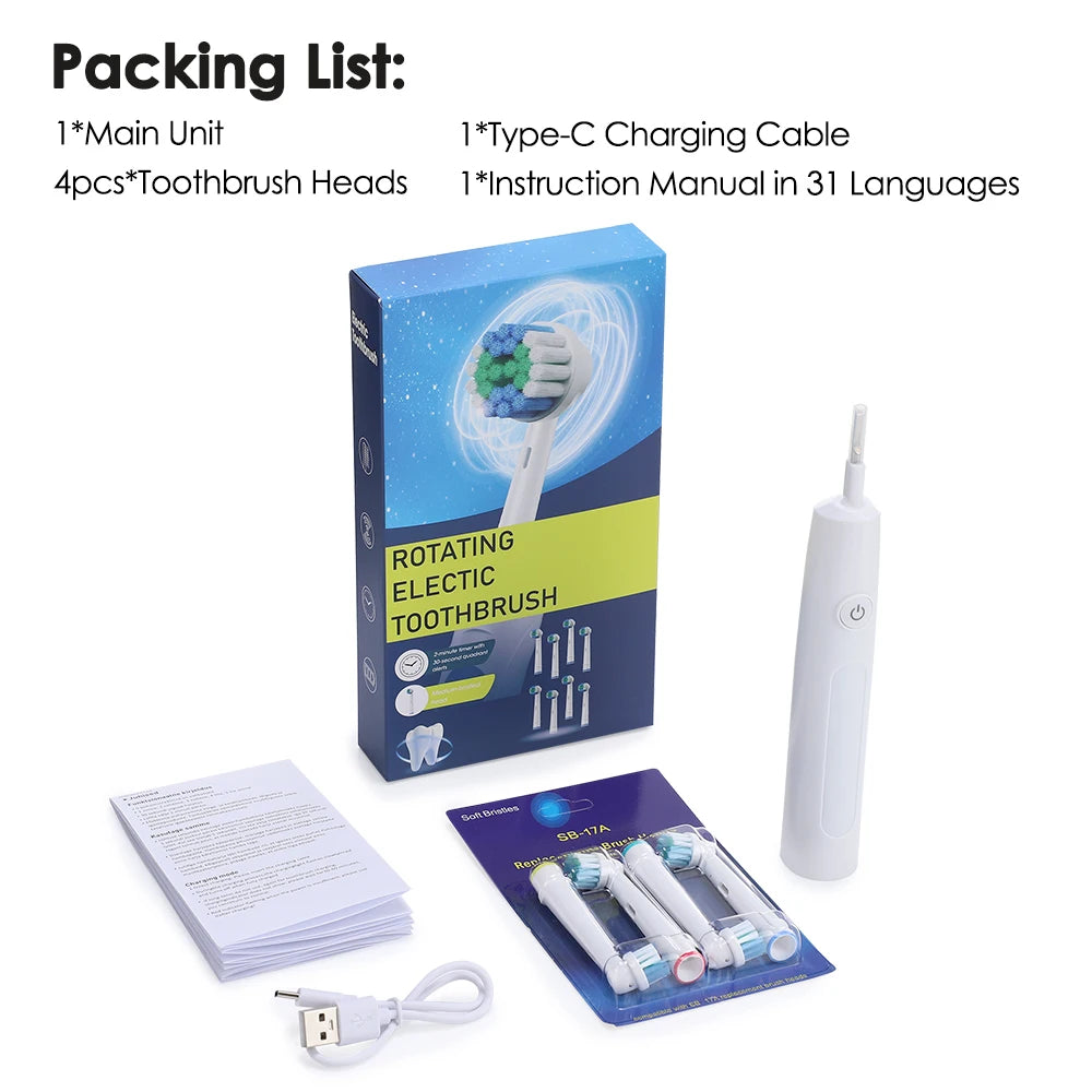 AFDEAL USB-C Rechargeable Electric Toothbrush – 4 Heads