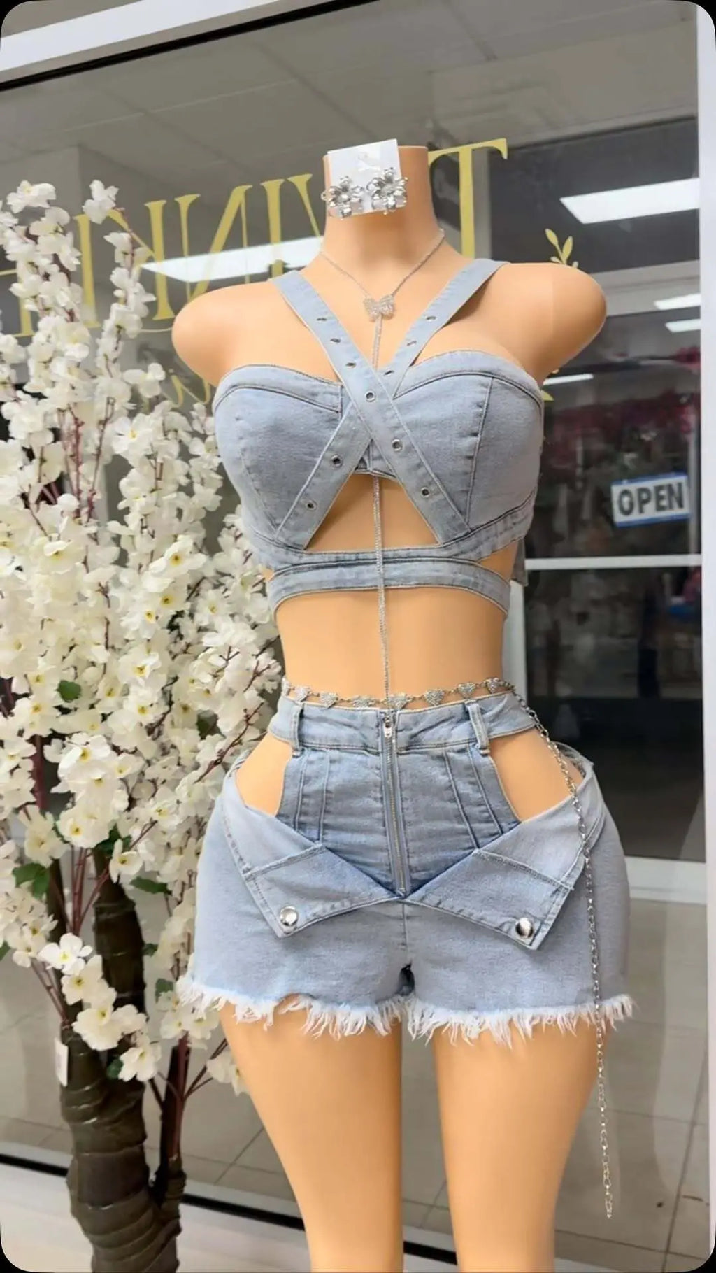 Women's Cutout Denim Top and Shorts Set
