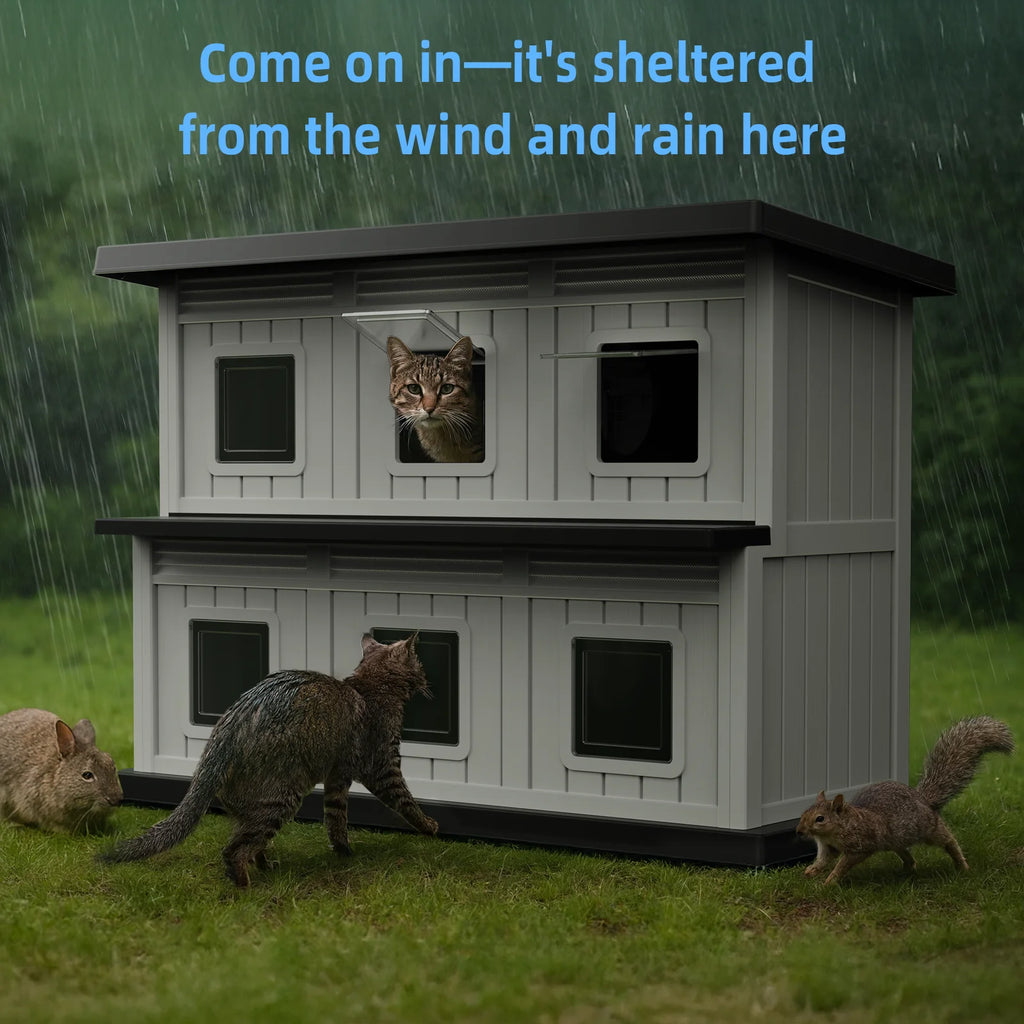 Two-Tier Resin Cat House with Access Doors