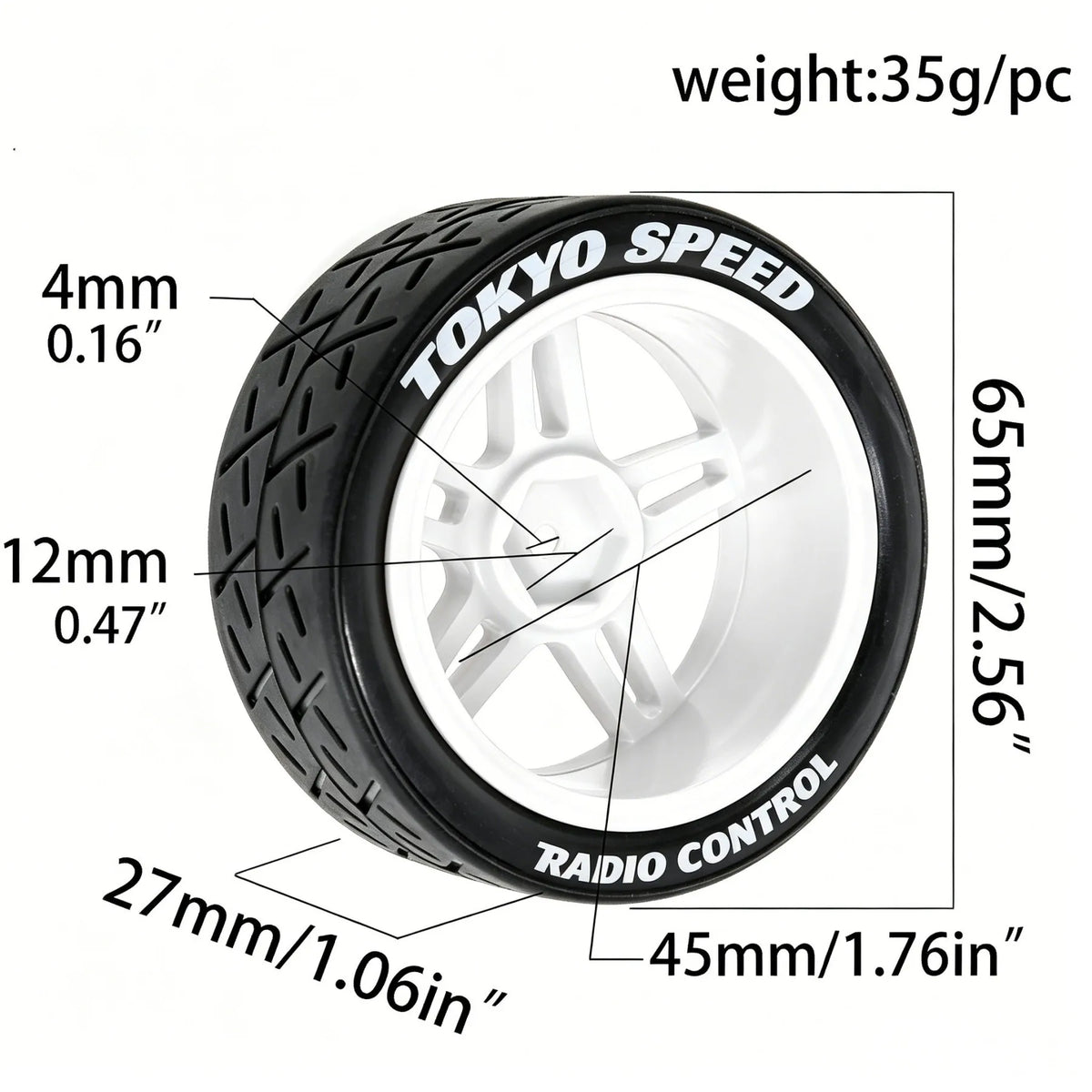 1:10 RC Car Tires & Wheels – Set of 4, 12 mm Hex