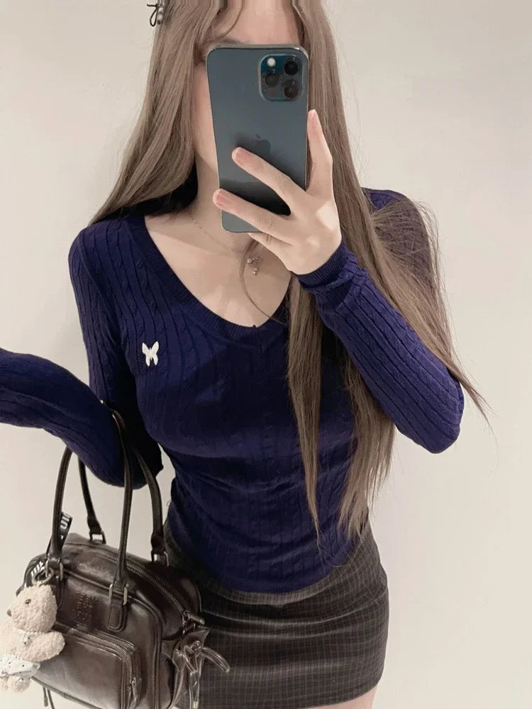 Casual V Neck White Pullovers Women Sweaters Autumn Winter Basic Long Sleeve Y2k Clothes Korean Pink Grey Ladies Tops Jumpers Whispering Desires Shoppe