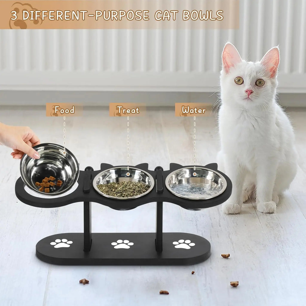 Adjustable Raised Cat Bowl Stand with Three Steel Bowls