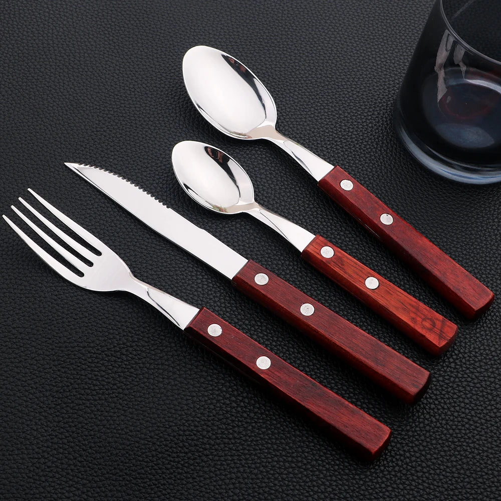 AJOYOUS Wood-Handle Flatware — 24 Pieces