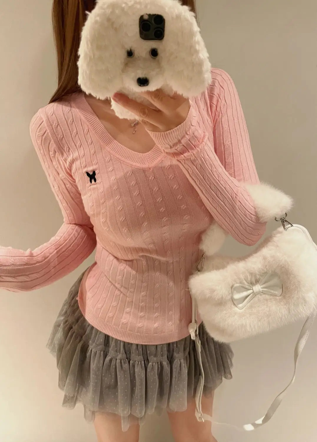 Casual V Neck White Pullovers Women Sweaters Autumn Winter Basic Long Sleeve Y2k Clothes Korean Pink Grey Ladies Tops Jumpers Whispering Desires Shoppe