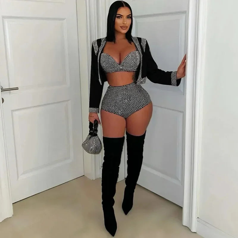 Women's Rhinestone-Embellished Jacket, Bra and Shorts Set