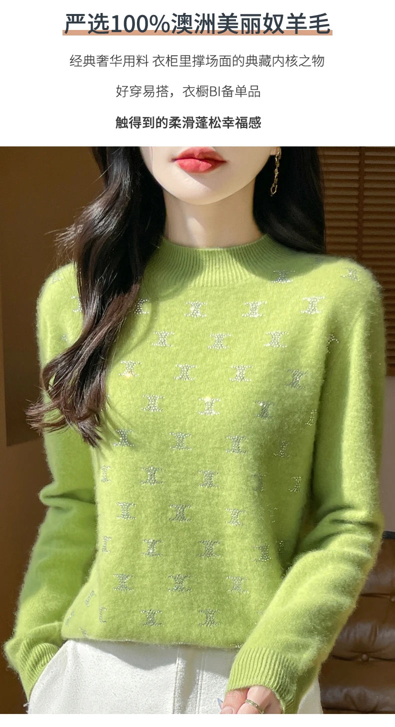 Women Fine Wool Thickening Sweater Half-high Collar Leaf studded With Diamonds Pullover Female Knitted Basis Tops Autumn Winter Dsers