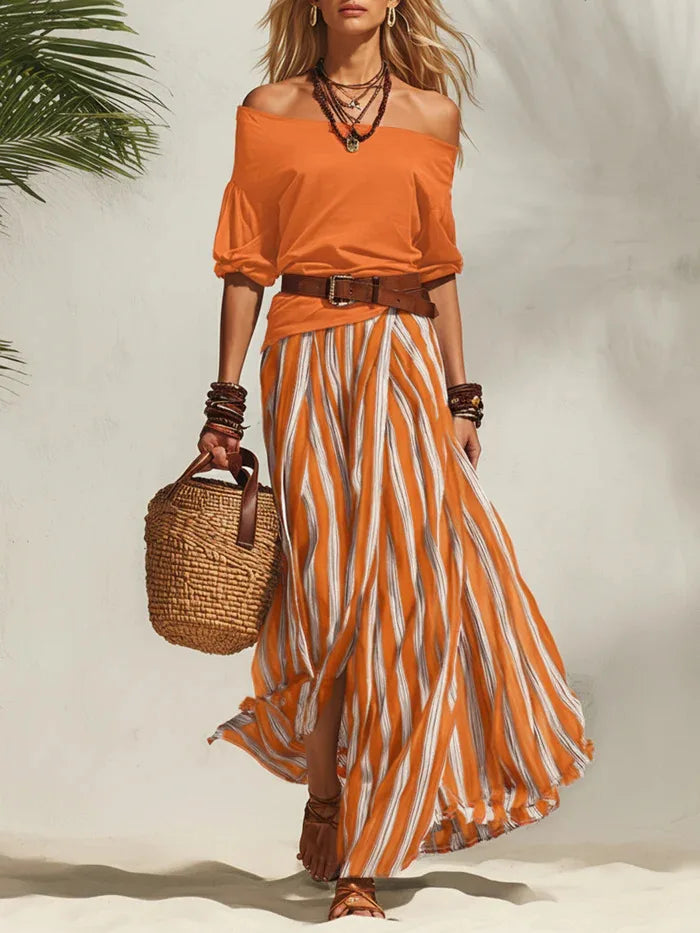 Off-Shoulder Puff-Sleeve Top & Maxi Skirt Set