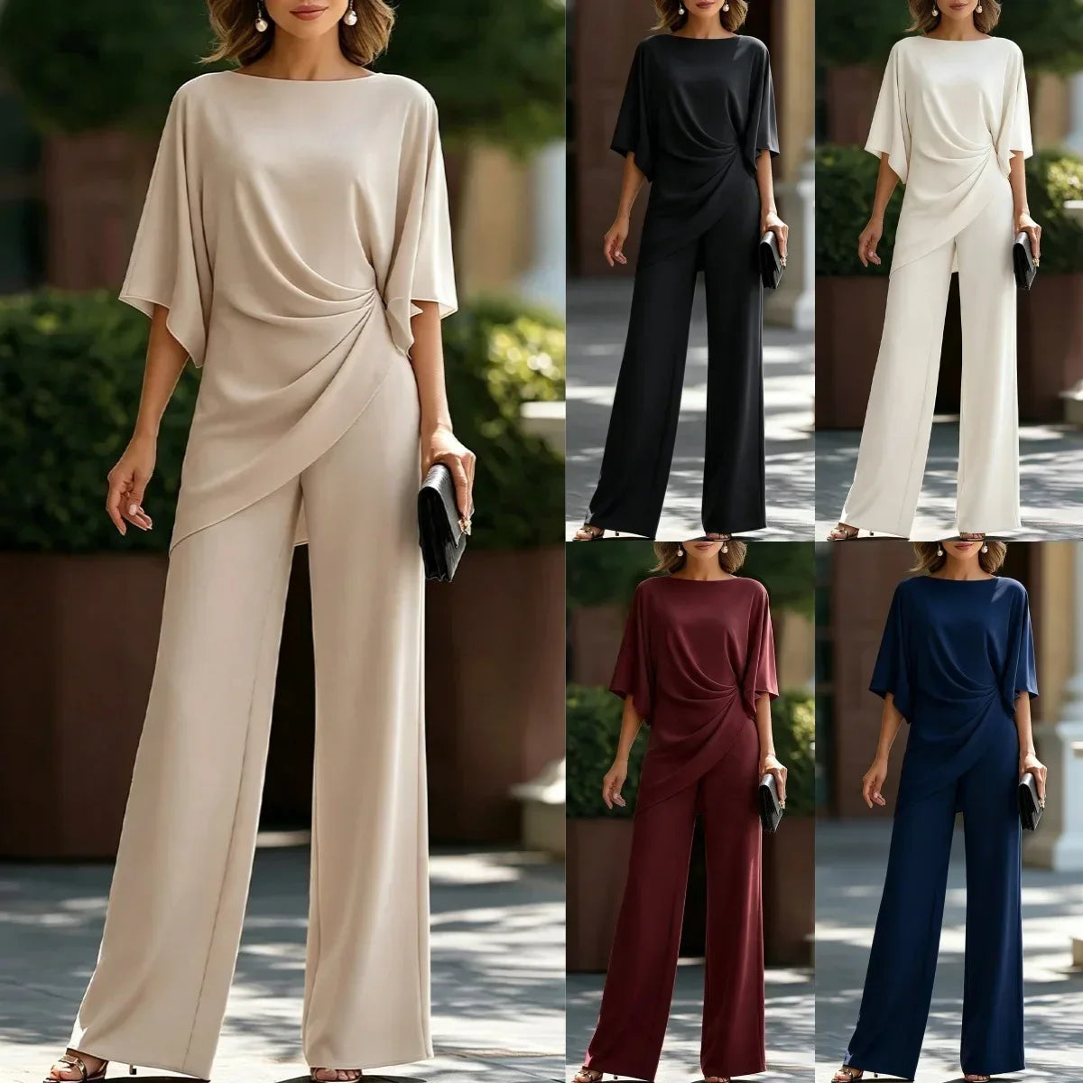 Women's Draped Boat-Neck Top and Wide-Leg Pants Set