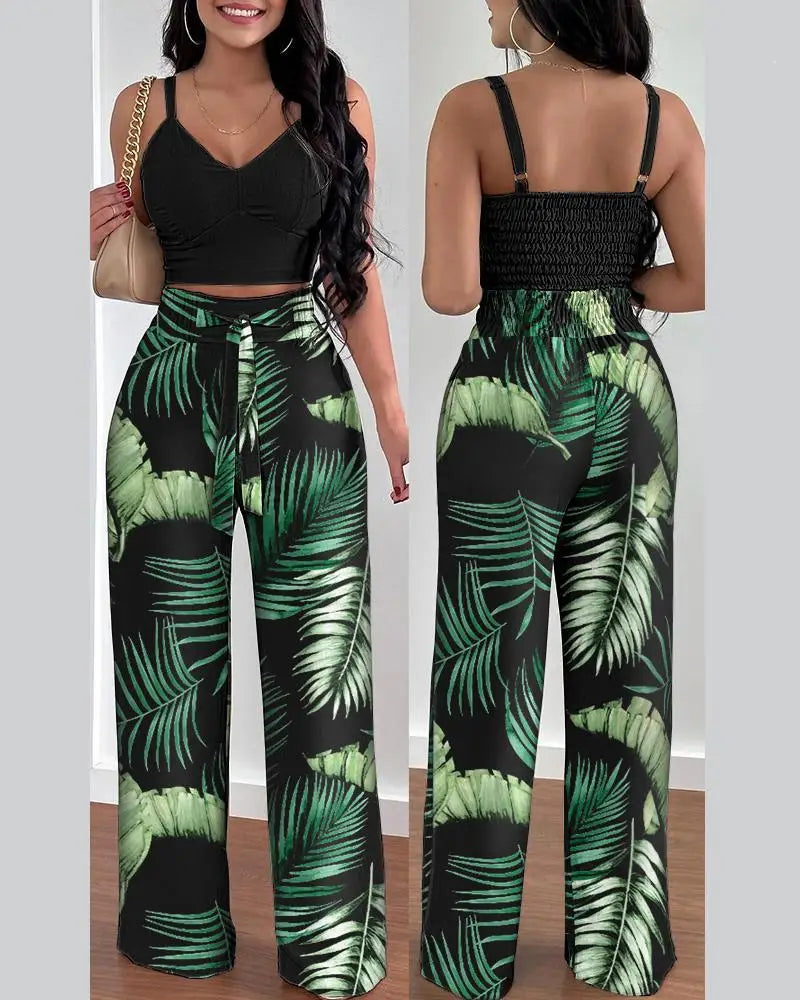 Women's Printed V-Neck Halter Top and Wide-Leg Pants Set