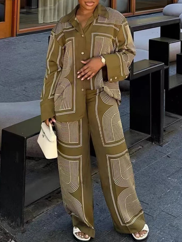 Women's Geometric Button-Up Shirt and Wide-Leg Pants Set