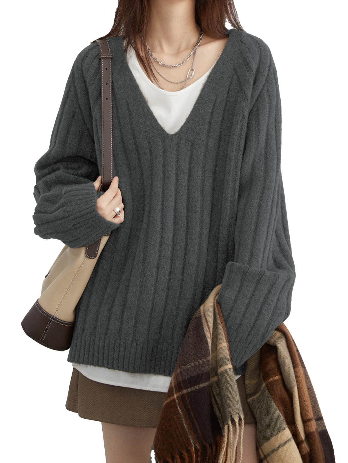 Women's Ribbed V-Neck Knit Sweater