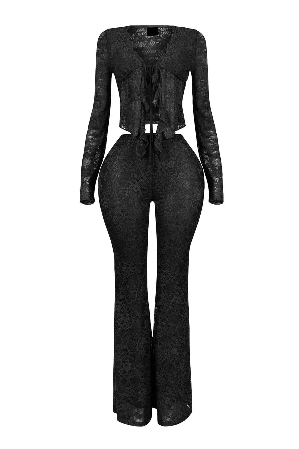 Sheer Lace Long-Sleeve Top & Flared Pants Set