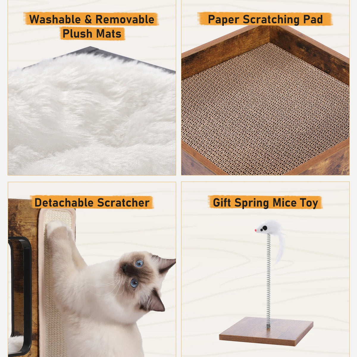 Wood Cat Condo with Removable Mats & Scratching Pad