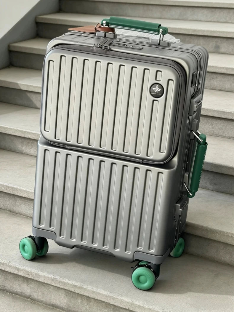 Front Opening Suitcase PC Material with Aluminum Frame TSA Lock Cup Holder Charging Port Colorful Wheels Travel Rolling Luggage Whispering Desires Shoppe