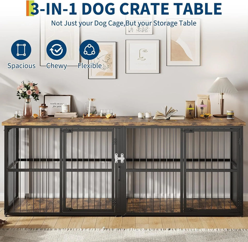 87 Inch Extra Large Double Dog Crate Furniture with Divider 3 Doors Heavy Duty Wooden Indoor Dog Kennel Cabinet TV Stand for 2 Dogs Lockable Pet House with Storage Table Whispering Desires Shoppe
