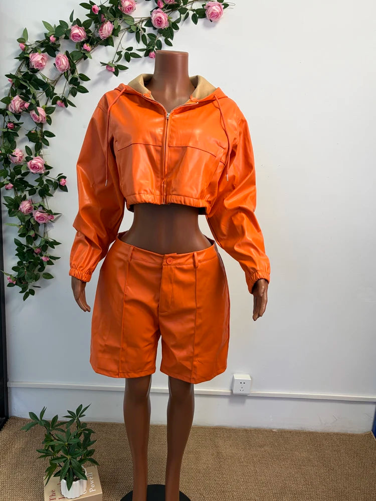Women's Faux-Leather-Look Hooded Jacket and Bermuda Shorts Set