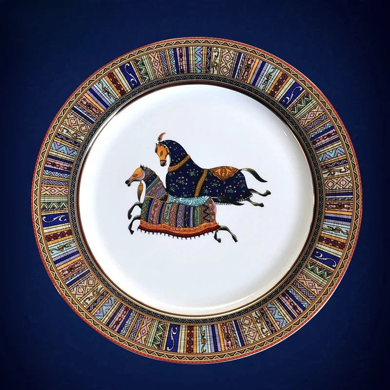 Round Ceramic Dinner Plate with Striped Detail