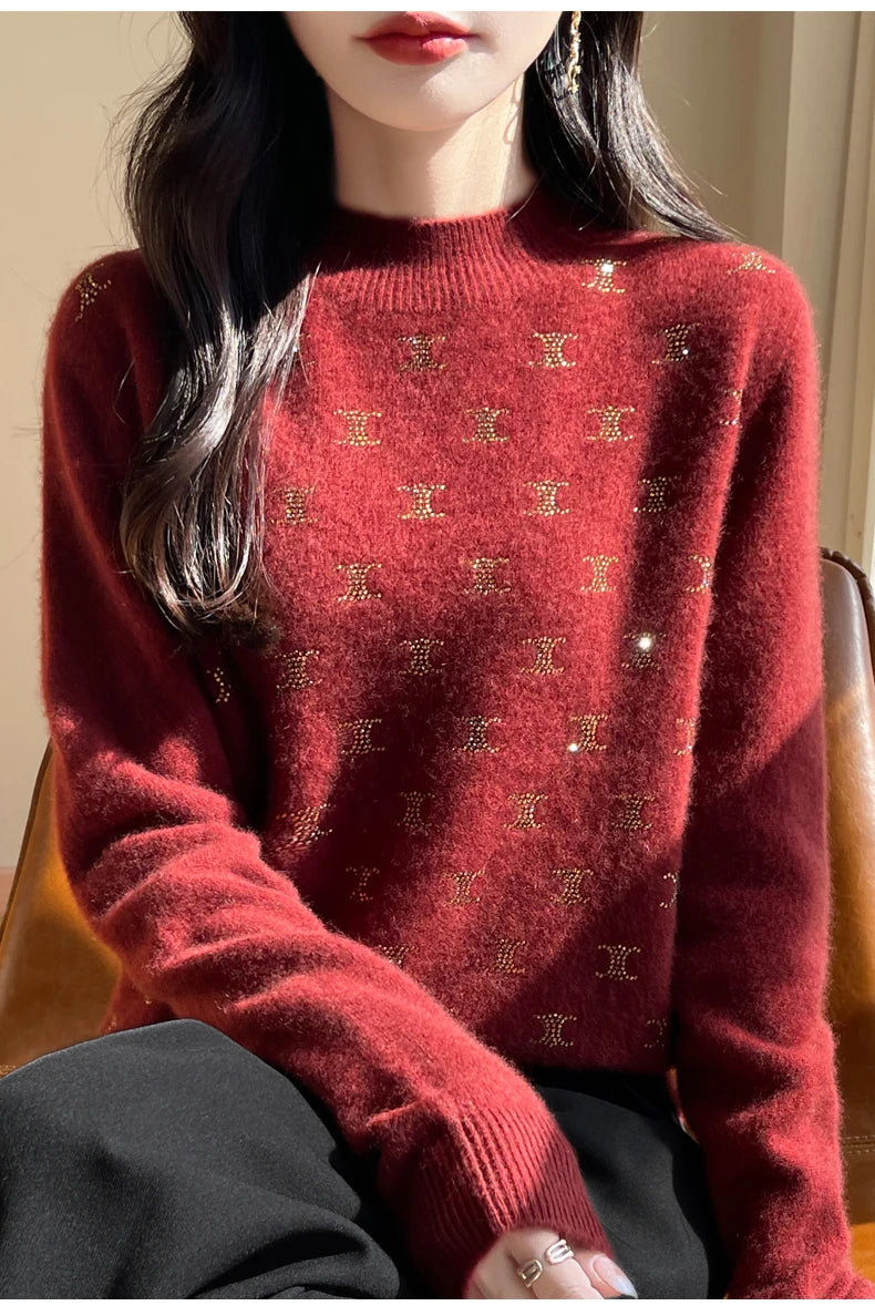 Women Fine Wool Thickening Sweater Half-high Collar Leaf studded With Diamonds Pullover Female Knitted Basis Tops Autumn Winter Dsers