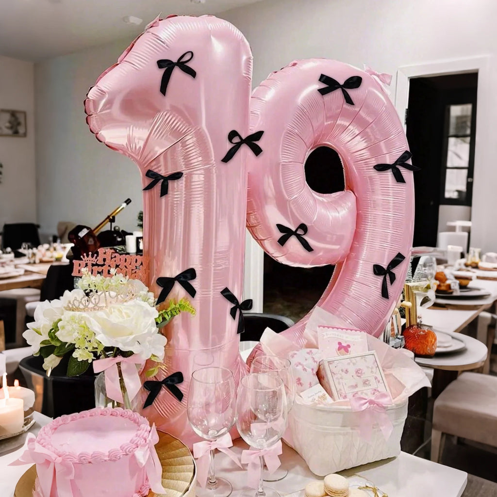 Pink Number Balloon Set with Black Bow, Seven Pieces
