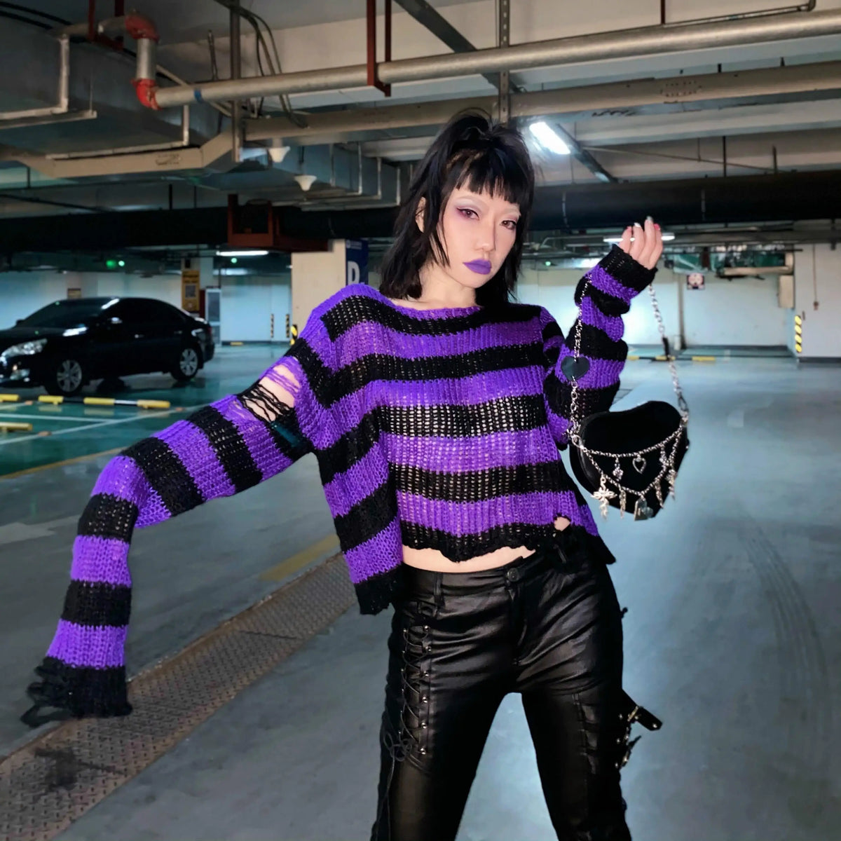 Karrram Punk Gothic Sweater Emo Tops E-girls Mall Goth Pullovers Y2k Harajuku Grunge Clothes Alt Dark Aesthetic Striped Jumpers Dsers