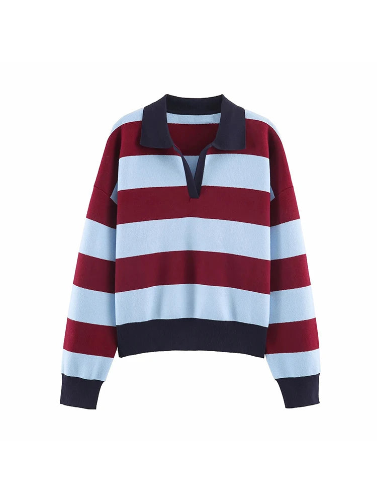 Striped Polo-Collar Long-Sleeve Sweater