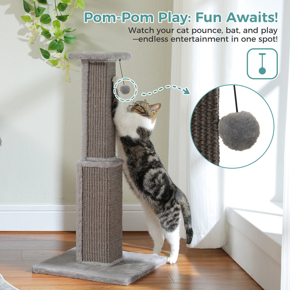 Tall Sisal Cat Scratching Post with Dangling Ball